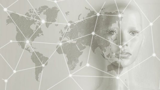  The image portrays map along connecting dots on it and face 