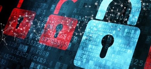 A board displays 2 red locks depicts non secure and one blue lock to depict security with numbers around it  in a code format.