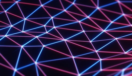 The image portrays neon blue and pink lines with white connecting dots.